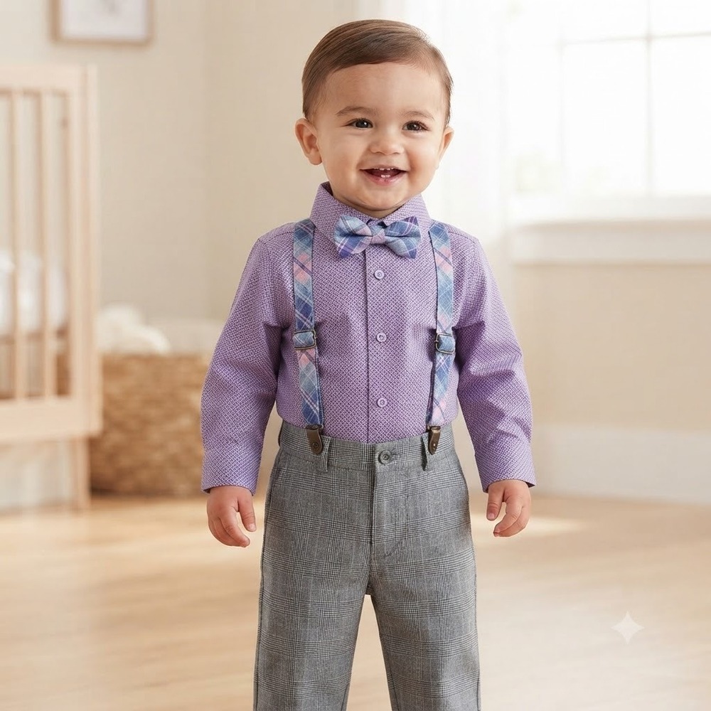 US Polo Assn Baby Boy 4pc Set Purple Shirt Plaid Pants Suspenders Bow Tie 12M